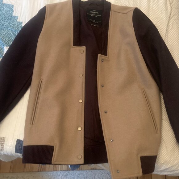 All Saints Size 8 Lucas Varsity Bomber Jacket Wool Camel Brown Snap Buttons - Picture 3 of 4
